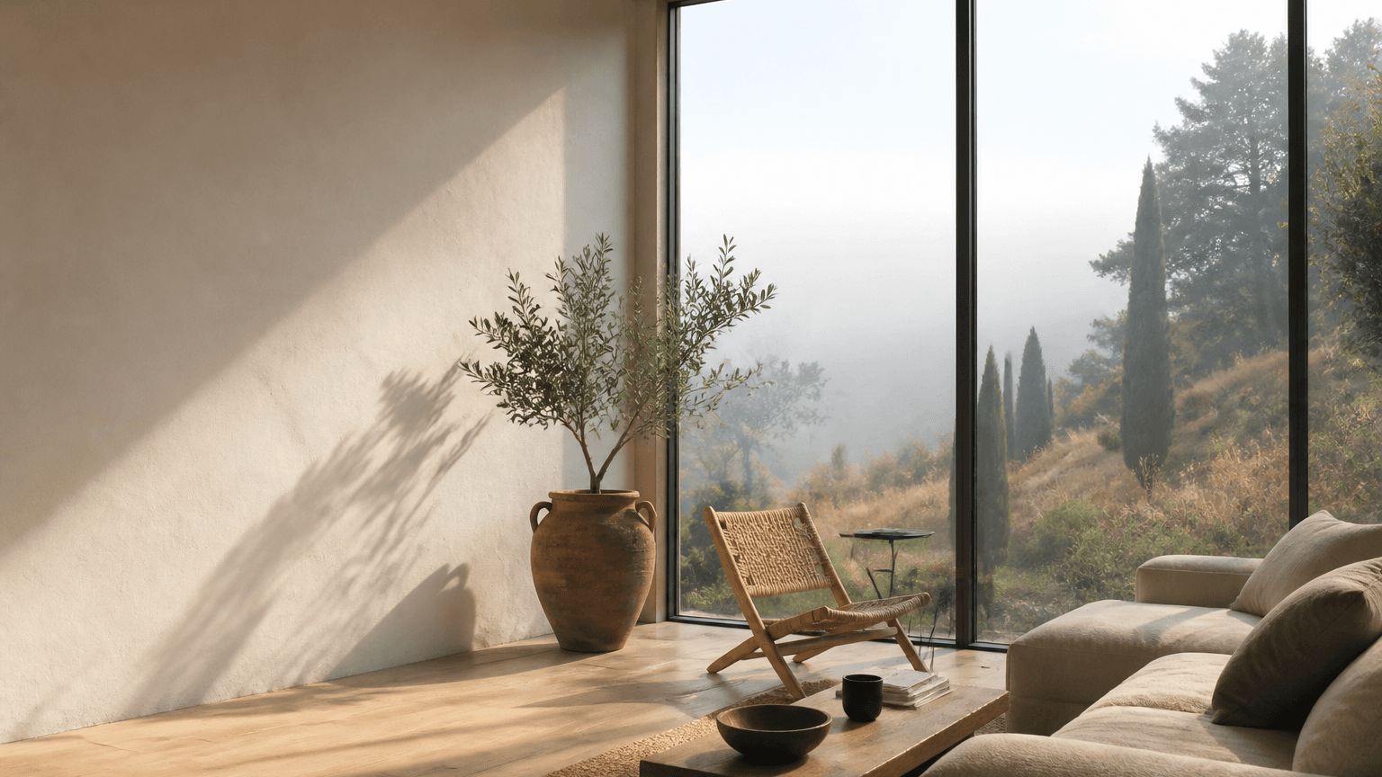 Sunlit living room with hand-troweled plaster walls, white oak floors and tall glazing opening to a garden